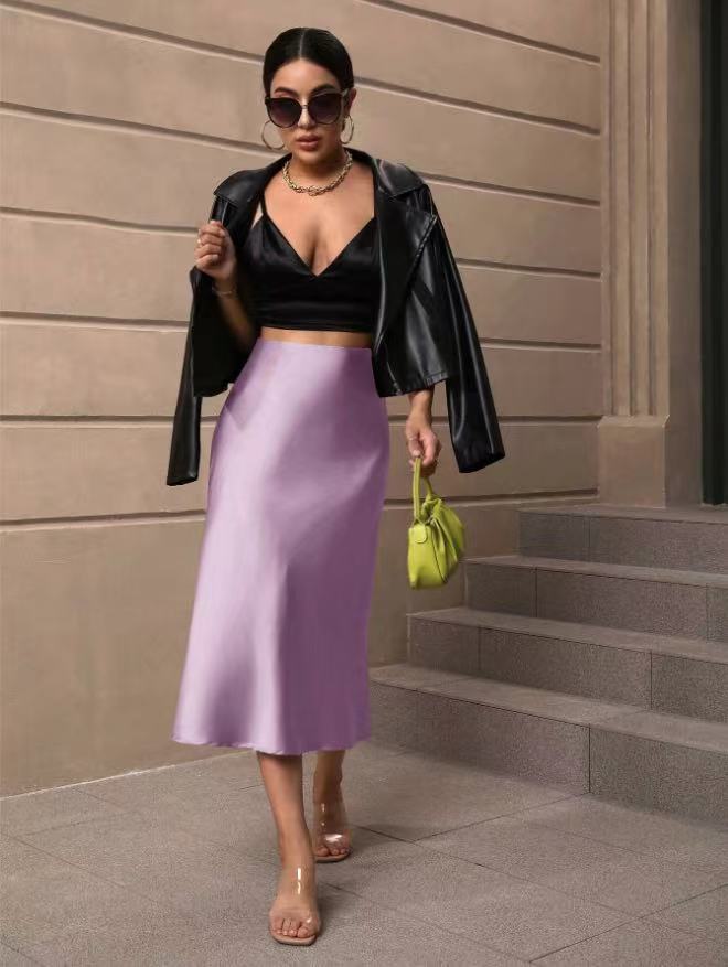 Hip Wrapped Fishtail Skirt Satin Mid Length Skirt Autumn Women Clothing Direct Purple
