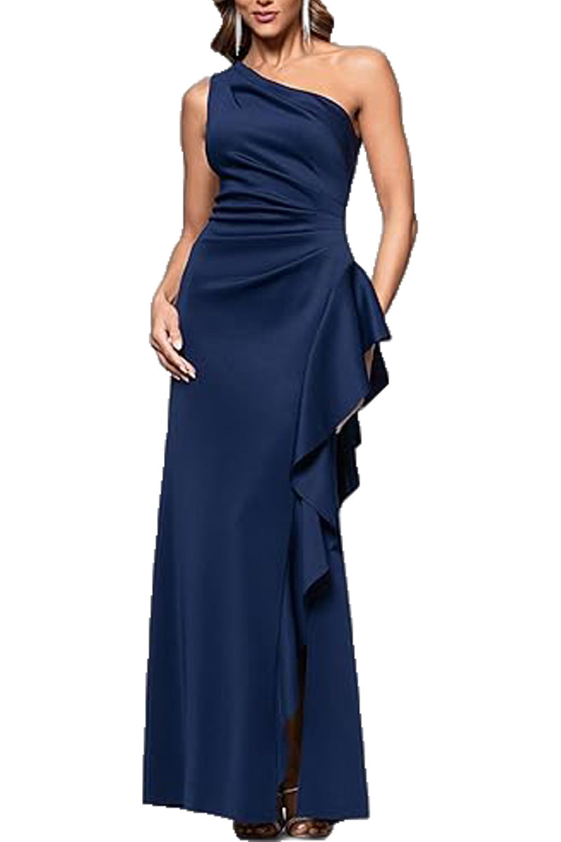 One Shoulder Elegant Solid Color Slim Waist Split Fishtail Side Ruffled Evening Dress Navy Blue