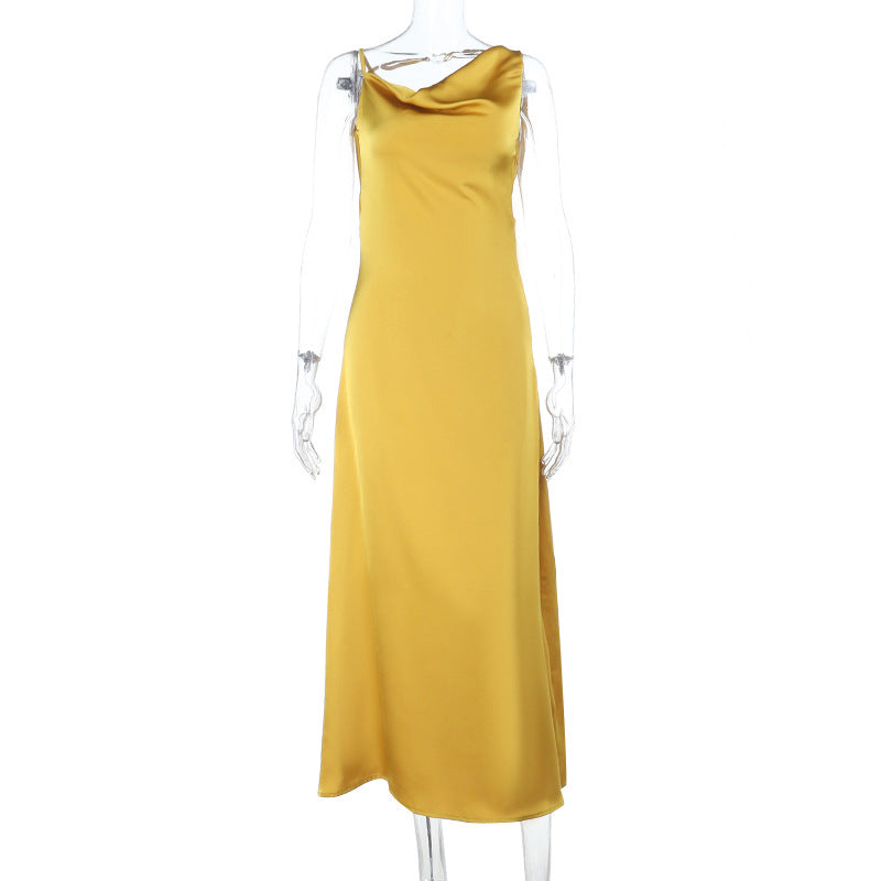 Sling Pockets Collar Sexy Backless Satin Formal Dress Elegant Evening Dress Yellow