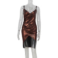 Sexy Women Clothing Tight Figure V neck High Grade Bronzing High Waist Slit Hip Spaghetti Straps Dress Brown
