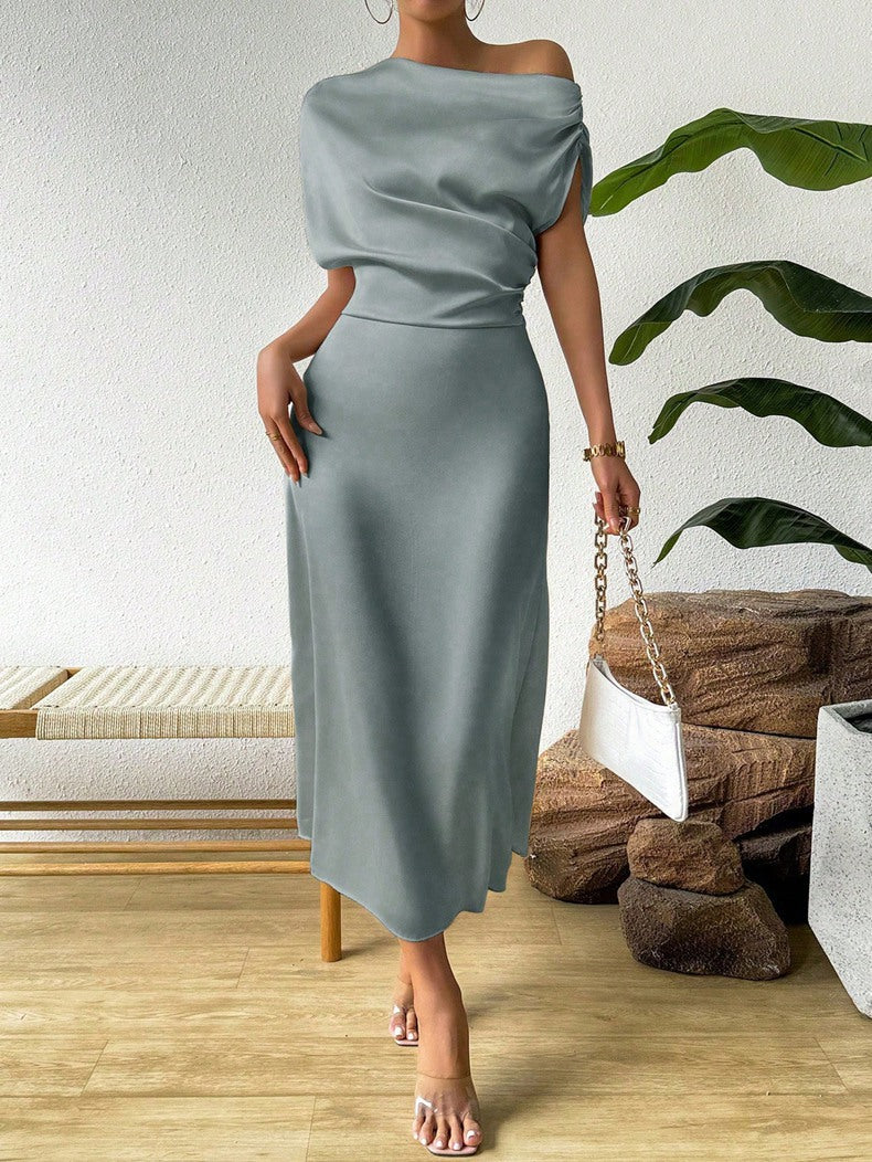 Women Clothing Trendy Summer Satin Satin Women Summer Dress Tight Jumpsuit Long Dress Pale blue