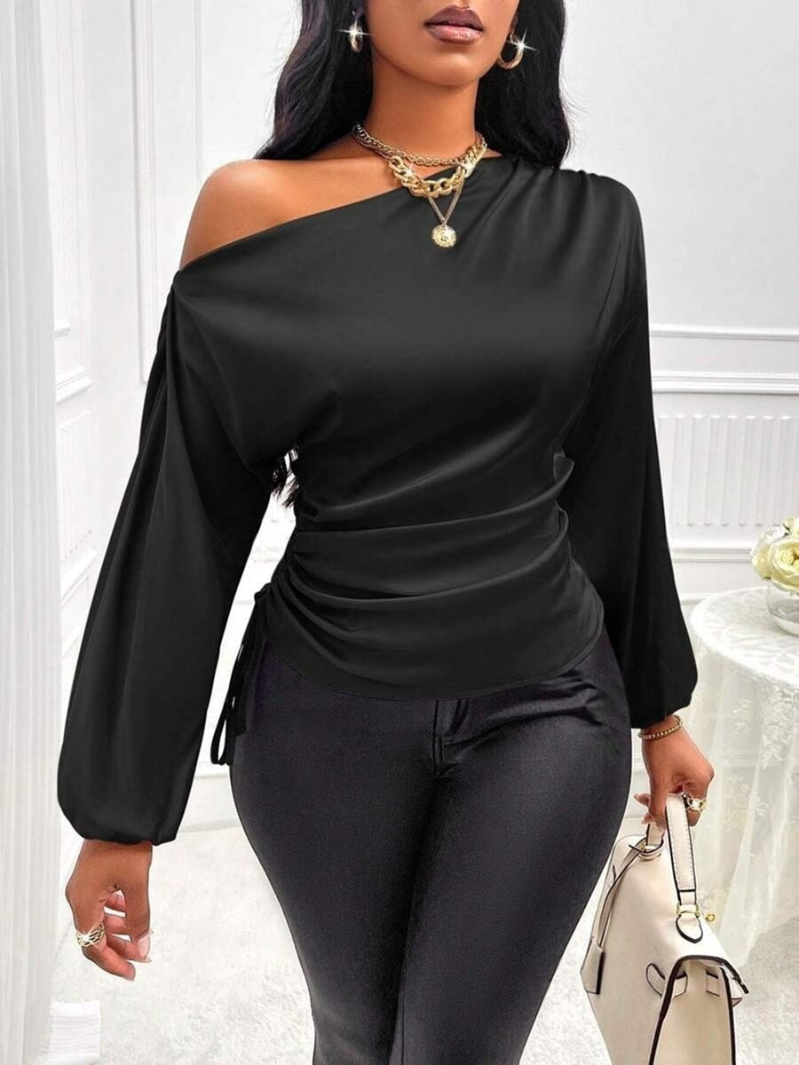 Women Clothes Satin Shirt Autumn Winter Asymmetric Long Sleeve Diagonal Collar Shirt Top Black