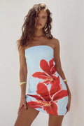 Summer Sexy Women Tube Top Floral Print Slim Sheath Short Dress Red