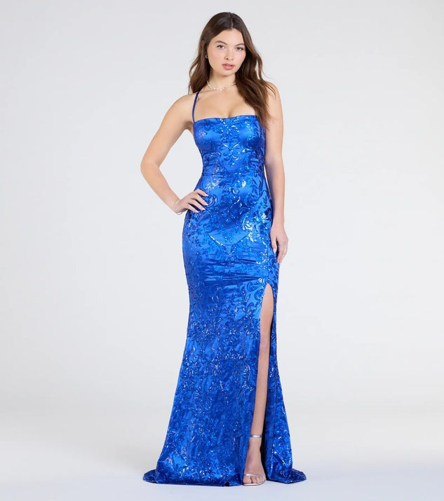 Popular Sequin Sling Dress Women Maxi Dress Slim Split Evening Dress Blue