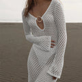 Holiday Front Long Hollow Out Cutout Metal Buckle V neck Long Sleeve Dress Beach Sun Protection Backless Smock Dress White