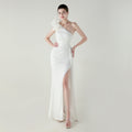 Craft Floral Beaded One Shoulder Diagonal Collar Fishtail Evening Dress Dinner Wedding Awards Ceremony Social Dress Milky White