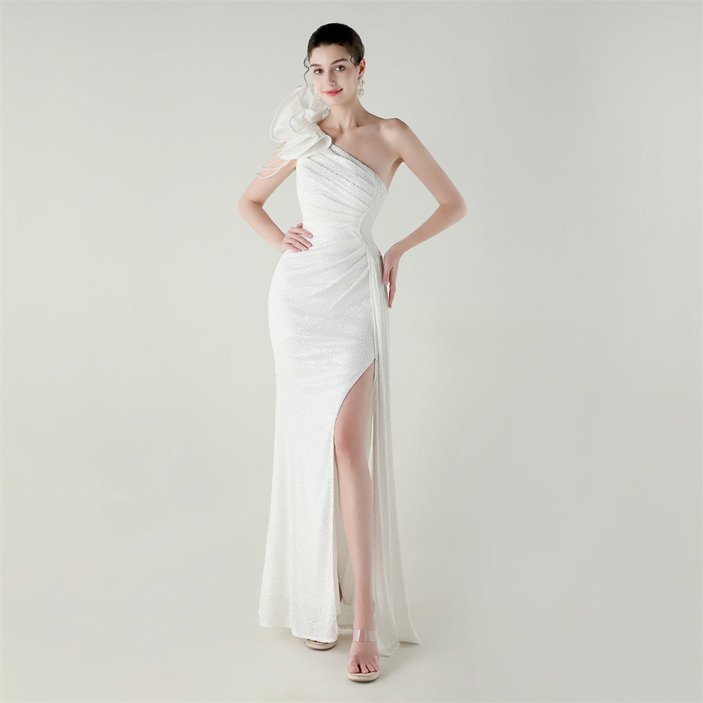Craft Floral Beaded One Shoulder Diagonal Collar Fishtail Evening Dress Dinner Wedding Awards Ceremony Social Dress Milky White