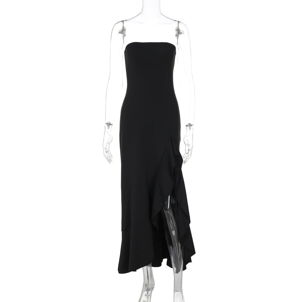 Women Clothing Summer Solid Color Sexy Split Maxi Dress Tube Top Dress Women Black