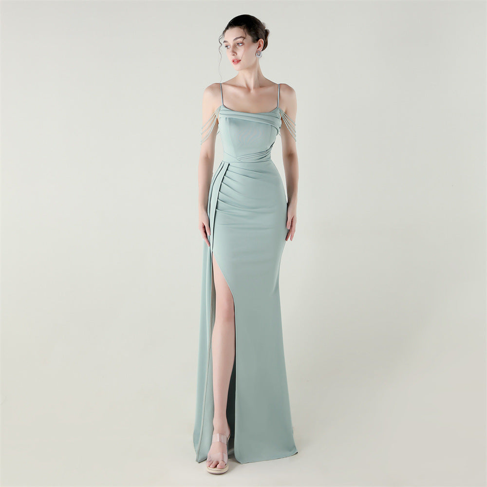 Bandeau Sling Satin Craft Beaded Chain Fishtail Evening Dress Dinner Wedding Ball Lake Green