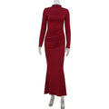Fall Women Clothing Long Sleeve Slim Fit Solid Color Simple Fishtail Hip Base Dress Wine Red