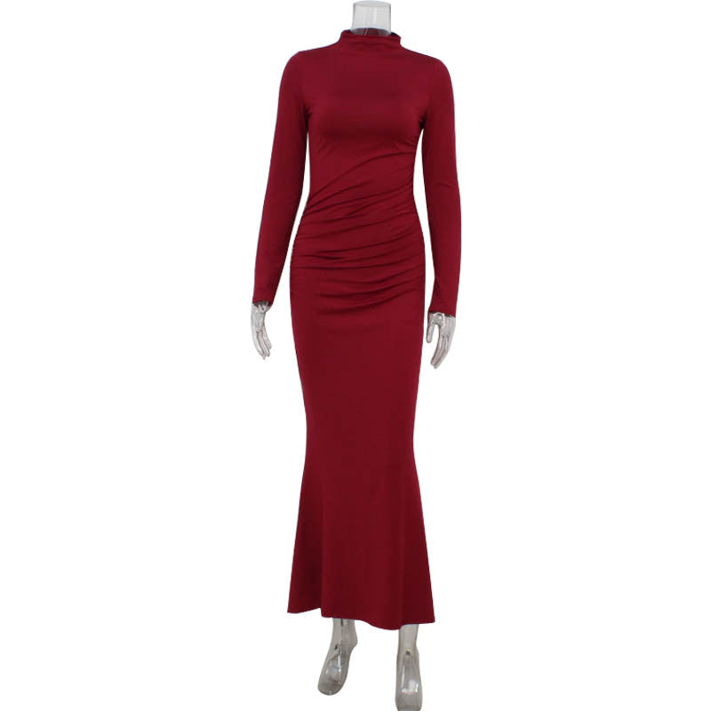 Fall Women Clothing Long Sleeve Slim Fit Solid Color Simple Fishtail Hip Base Dress Wine Red