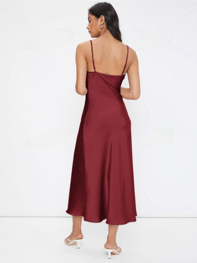 Women Clothing Spring Summer Satin Sling Deep V Plunge neck Slim Solid Color Dress Burgundy