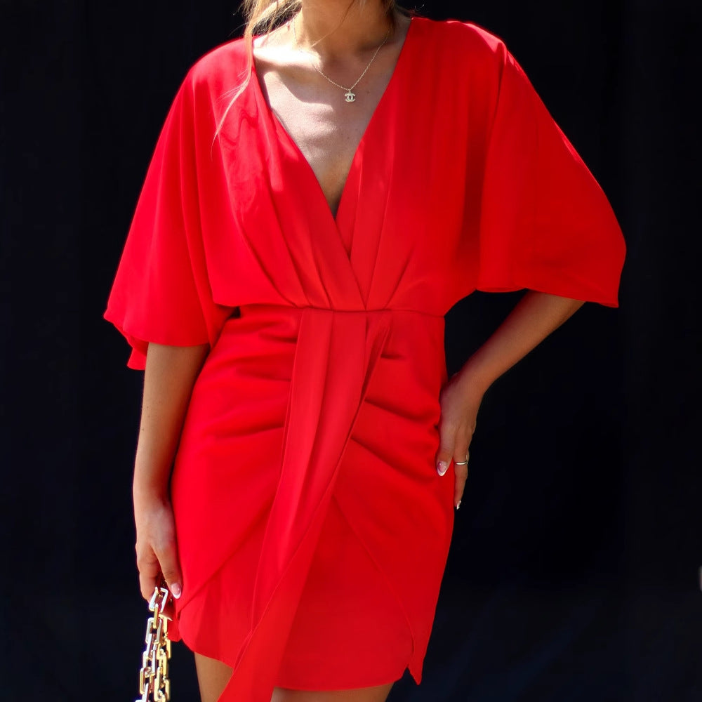 Women Clothing Summer Solid Color Elegant Irregular Asymmetric Slim Fit Dress Women Red