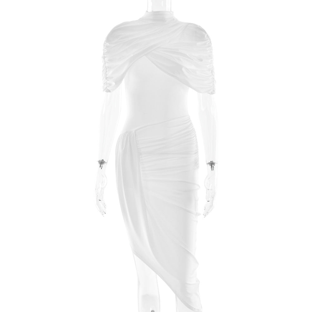 Elegant Slim Pleated Dress Sexy Backless Sheath Women Dress White