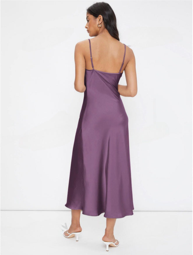 Women Clothing Spring Summer Satin Sling Deep V Plunge neck Slim Solid Color Dress Purple