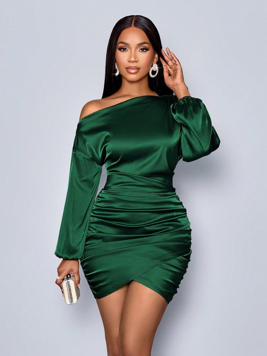 Women Autumn Oblique Shoulder Long Sleeve Satin Dress Sexy Dress blackish green