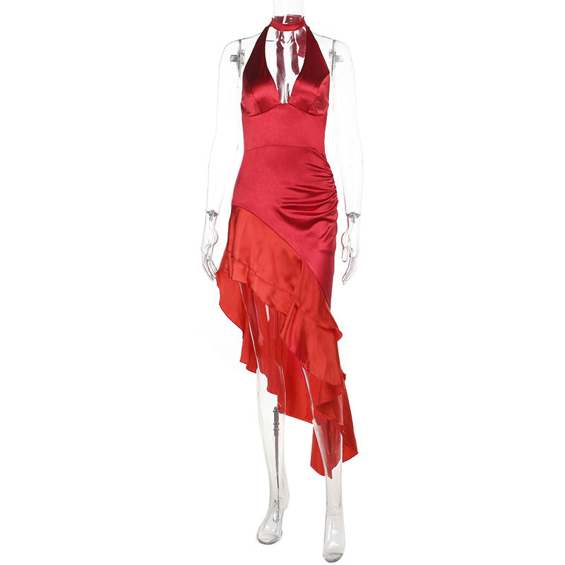 Solid Color Satin V neck Flounce Decorative Waist Hem Halter Dress Red
