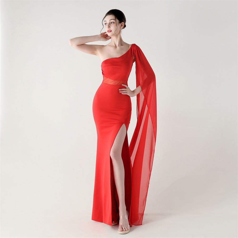 Single Shoulder Crossbody Stitching Mesh Design Satin Slim Cocktail Dress Evening Dress Red