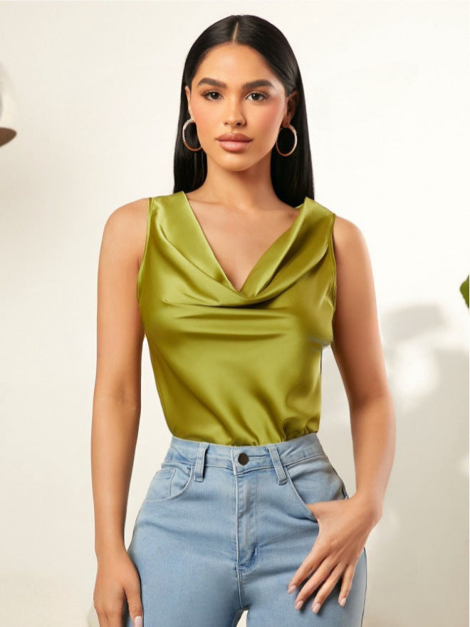 Summer Satin Pile Collar Solid Color Sleeveless Vest Women Sleeveless Blouse Green