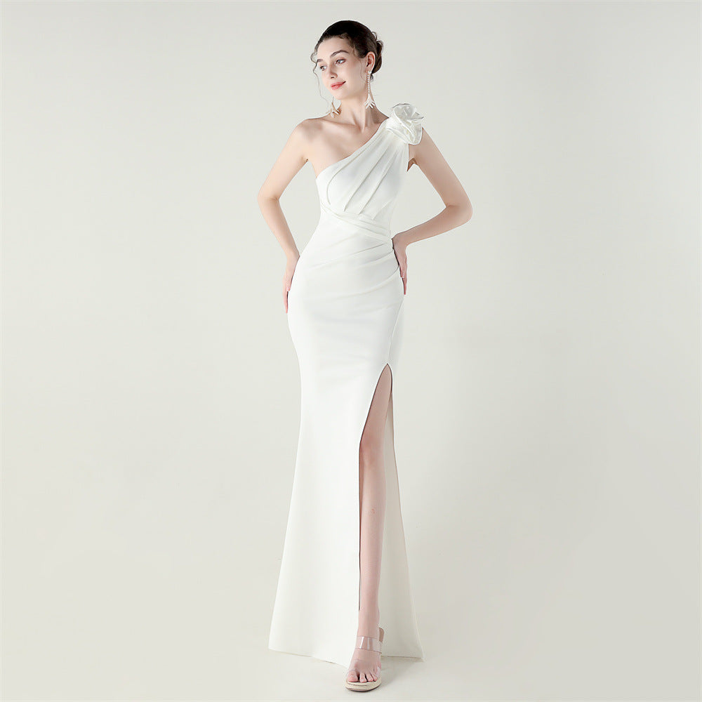 One Shoulder Three Dimensional Floral Satin Folding High Slit Sexy Evening Dress Dinner Wedding Social White