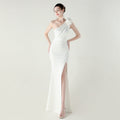 One Shoulder Three Dimensional Floral Satin Folding High Slit Sexy Evening Dress Dinner Wedding Social White
