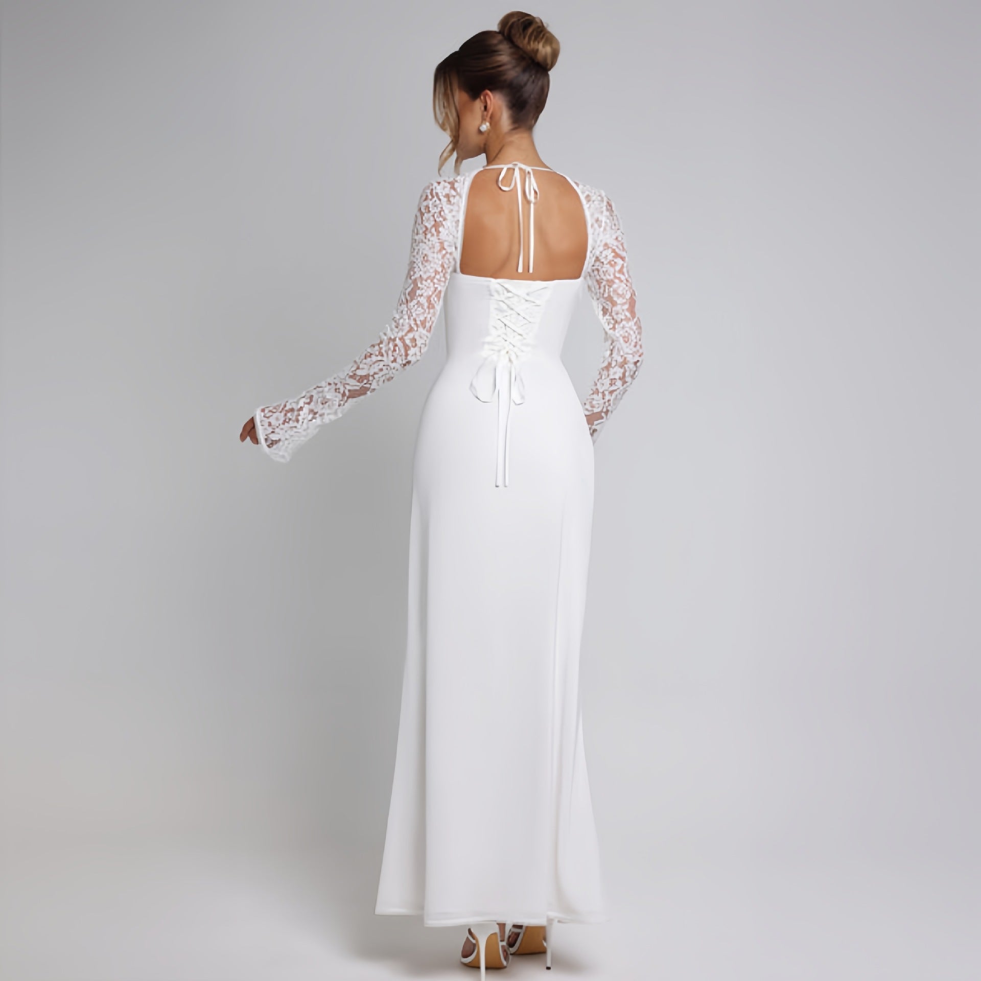 Autumn Women Wear Low Cut Self Tie Lace Slim Fit Slit Sexy Dress