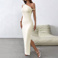 Women Clothing Spring Summer Sexy Socialite Dress One Shoulder Cold Shoulder Maxi Dress Light Apricot
