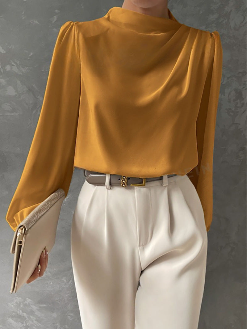 Solid Color Pleated Women Shirt Elegant Pullover Satin Top Office Long Sleeve Top Orange