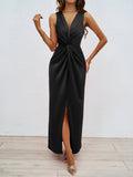 Elegant Slim Women V neck Sleeveless Sexy Solid Color Sheath Dress Black