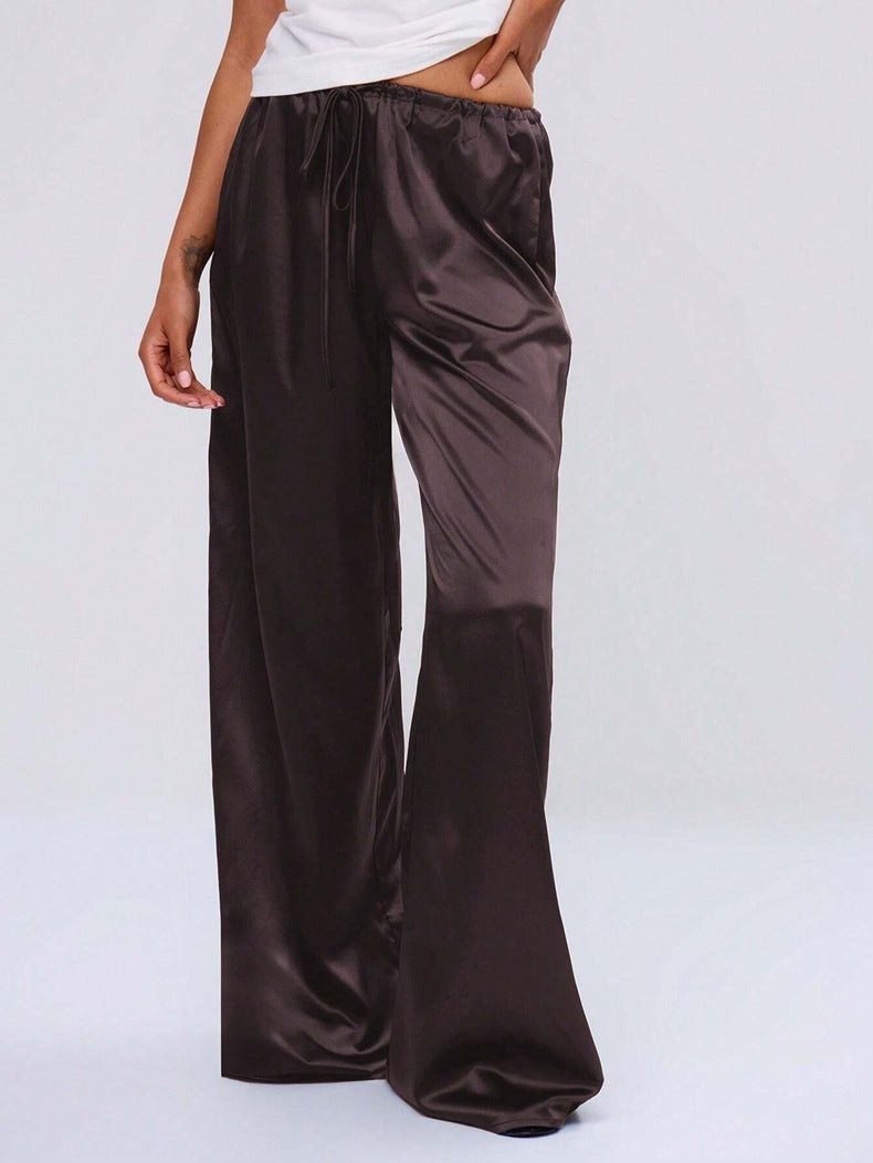 Women Clothing Trendy Autumn Satin Satin Casual Pants Loose Wide Leg Drawstring Long Pants Brown