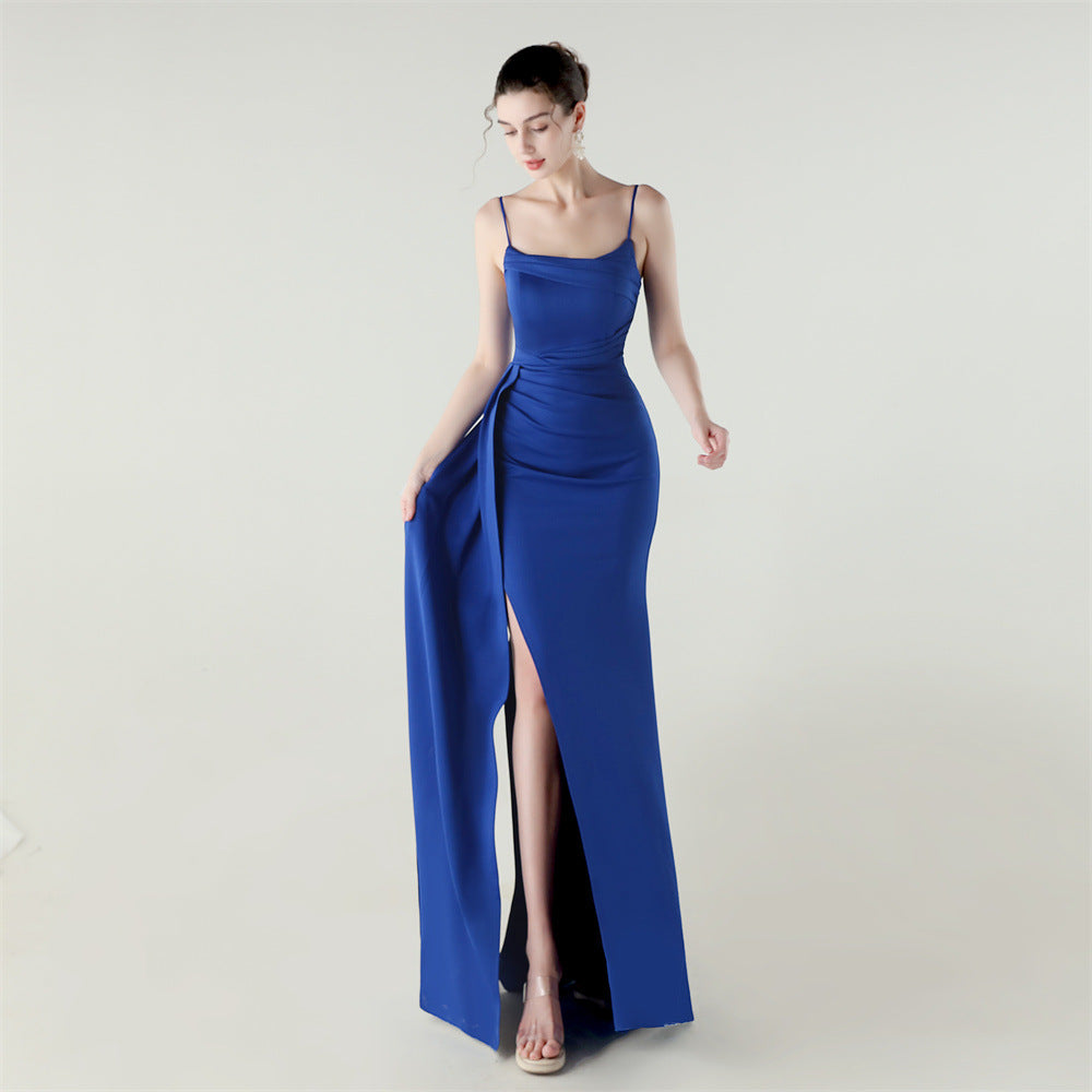 Camisole Tube Top Satin Pleated Fishtail High Slit Evening Dress Elegant Slim Dress for Dinner Ceremony royal blue