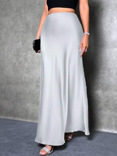 Satin Skirt Autumn Winter Simple A line Long Skirt Women Clothing Silver