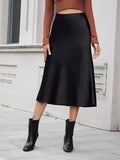 High Waist Satin Skirt Autumn Winter Women Midi Skirt Zipper Satin Skirt Black