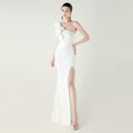One Shoulder Craft Wave Floral Satin High Slit Sexy Evening Dress Dinner Party Wedding Social White