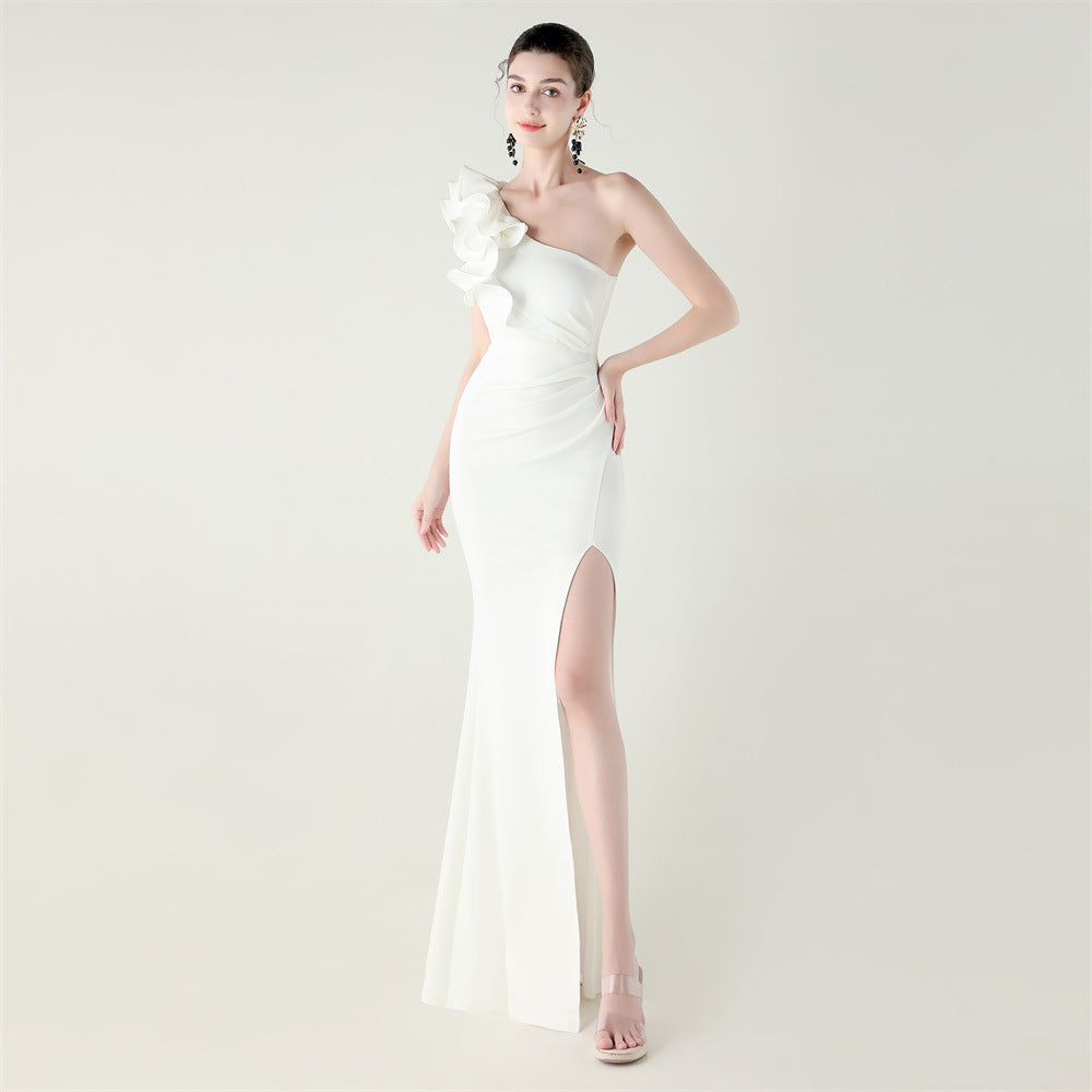 One Shoulder Craft Wave Floral Satin High Slit Sexy Evening Dress Dinner Party Wedding Social White