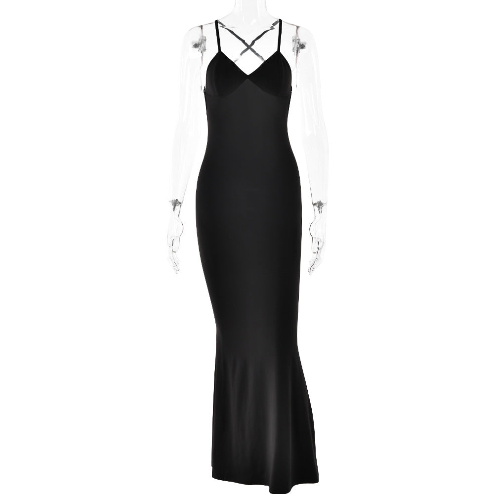 Spring Dress Sexy Trend V neck Backless Slim Fit Sheath Suspender L Black