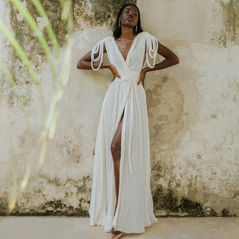 Spring Women Rope Strapless Sexy Halter Loose Vacation Beach Dress Women One Size White