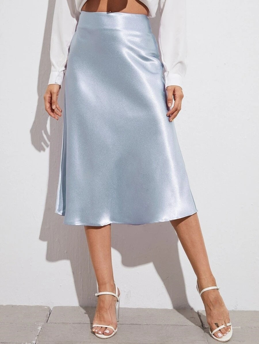 High Waist Satin Skirt Autumn Winter Women Midi Skirt Zipper Satin Skirt Light Blue