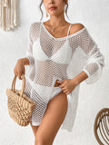 Women Clothing V neck Beach Cover up Hollow Out Cutout Side Slit Cool Long Sleeve Beach Dress One Size White