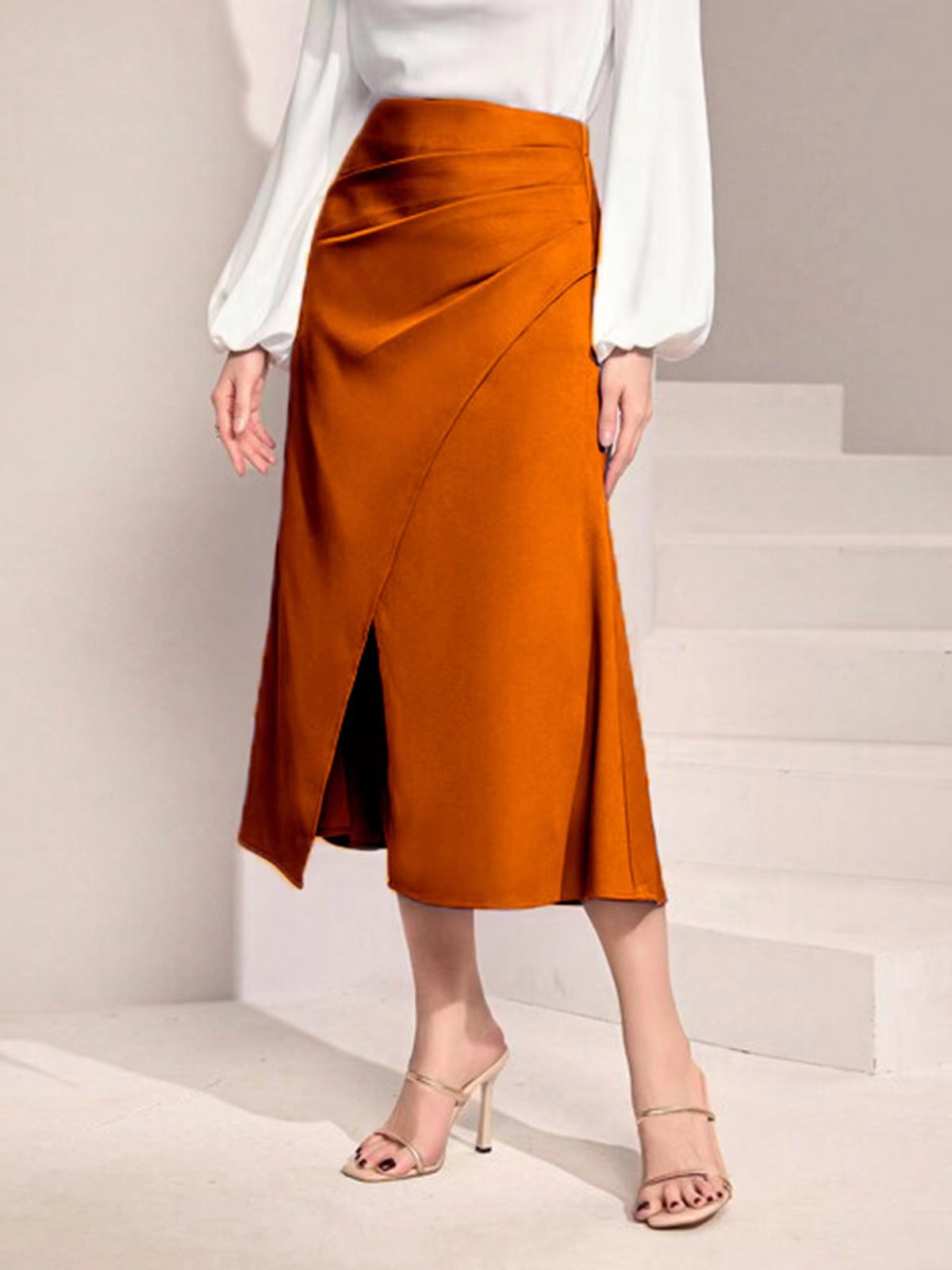 Women Clothing High Waist Satin Pleated Split Dress Solid Skirt Zipper Fishtail Hip Skirt Orange