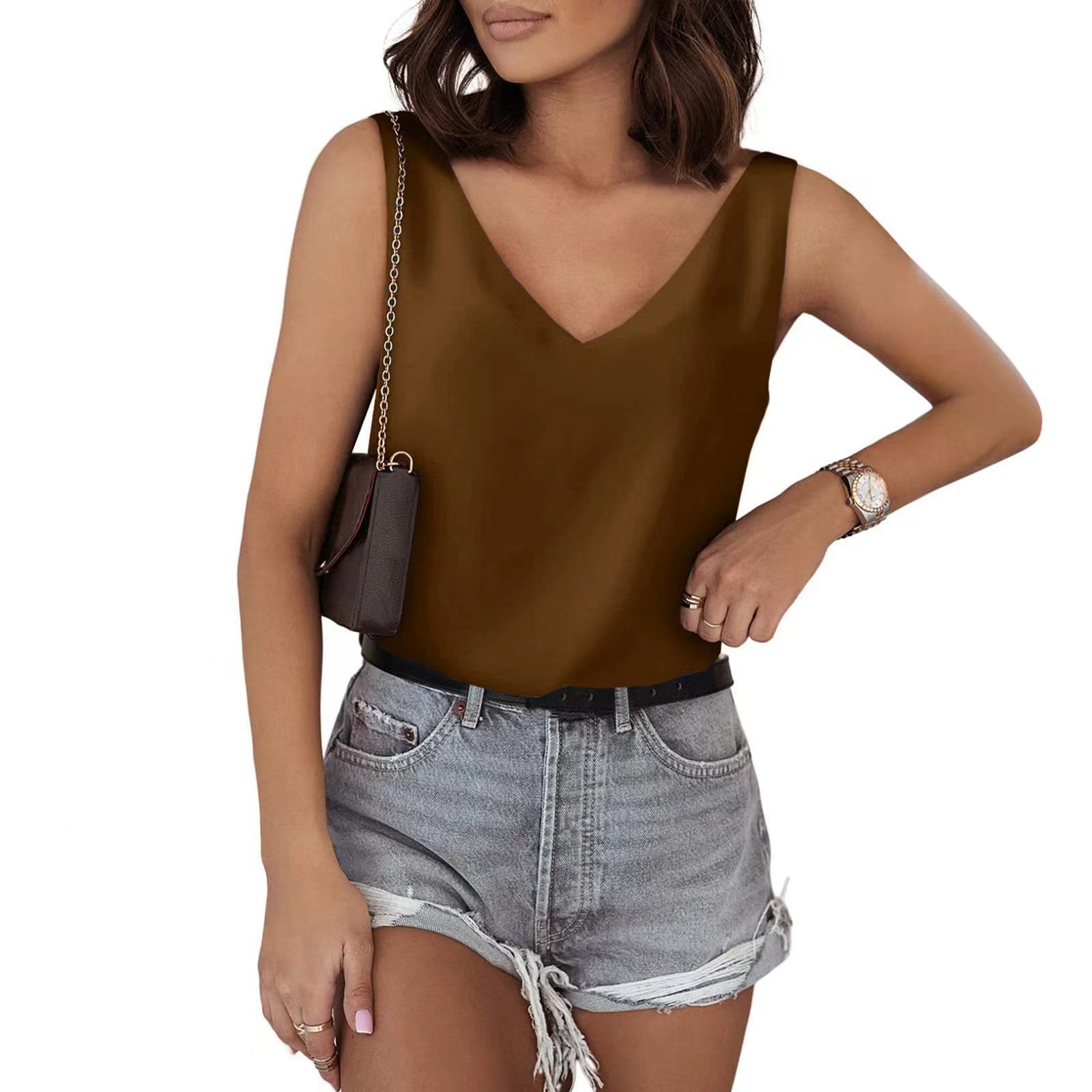 Solid Color Satin Vest V neck Casual Camisole Sleeveless Shirt Summer Basic Dark Brown