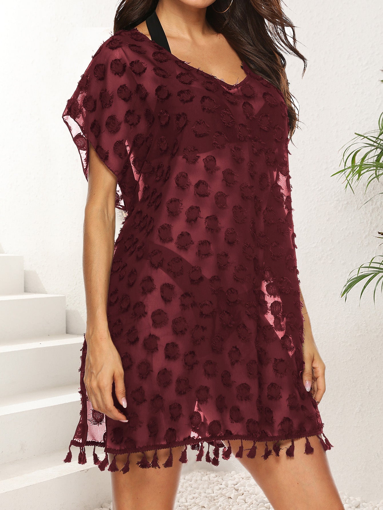 Women Chiffon Shirt Sexy See through Polka Dot Jacquard Chiffon Dress Beach Beach Cover Up One Size Burgundy