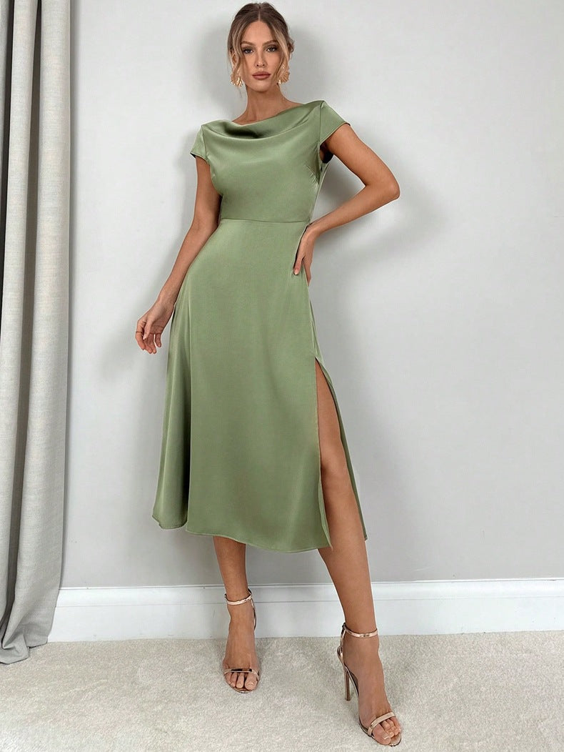 Women Clothing High Grade Summer Split Artificial Silk Dress Satin Long Dress Green