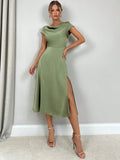 Women Clothing High Grade Summer Split Artificial Silk Dress Satin Long Dress Green