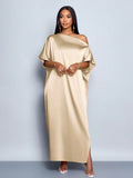 Women Clothing Early Autumn Satin Dress Yellow Satin Maxi Dress Apricot