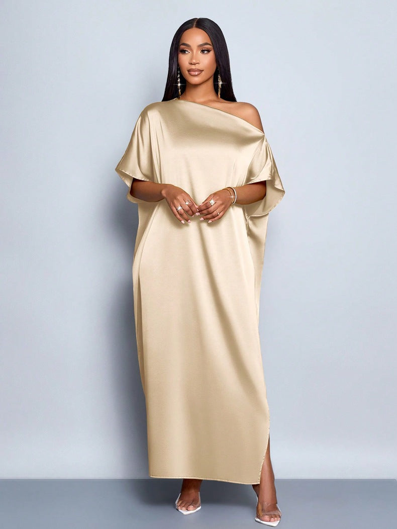 Women Clothing Early Autumn Satin Dress Yellow Satin Maxi Dress Apricot