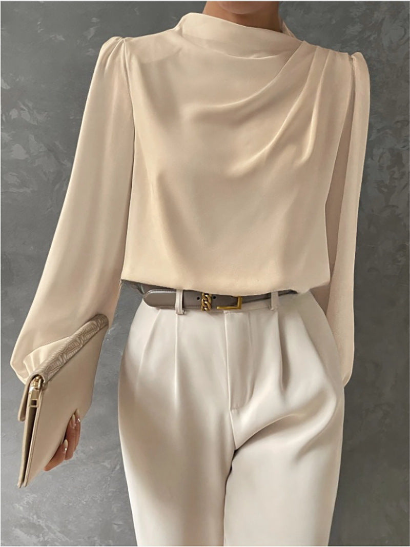 Solid Color Pleated Women Shirt Elegant Pullover Satin Top Office Long Sleeve Top Ivory