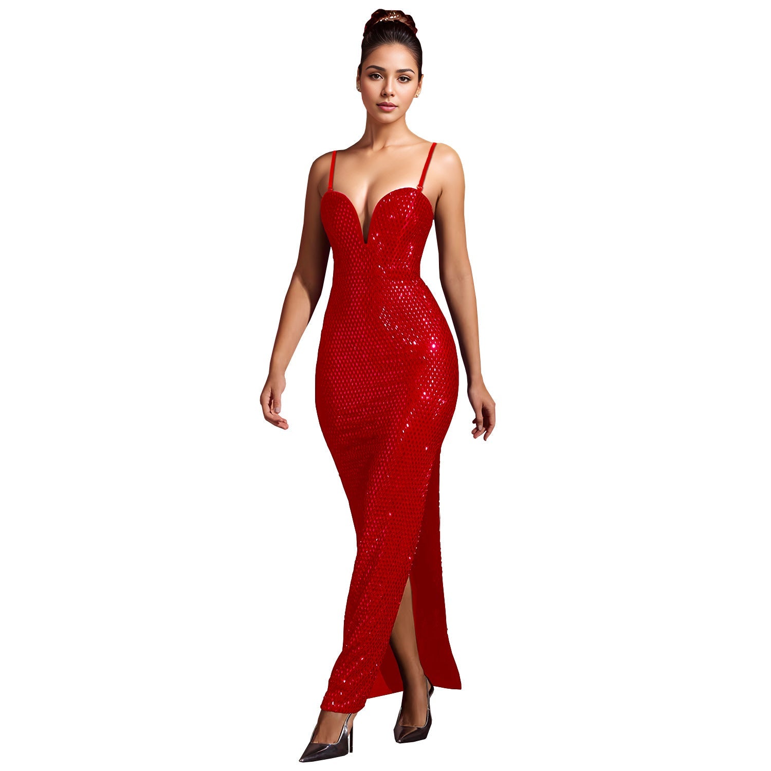Women Wear Drilling Slim Fit Sexy Bag Arm Split Dress Red
