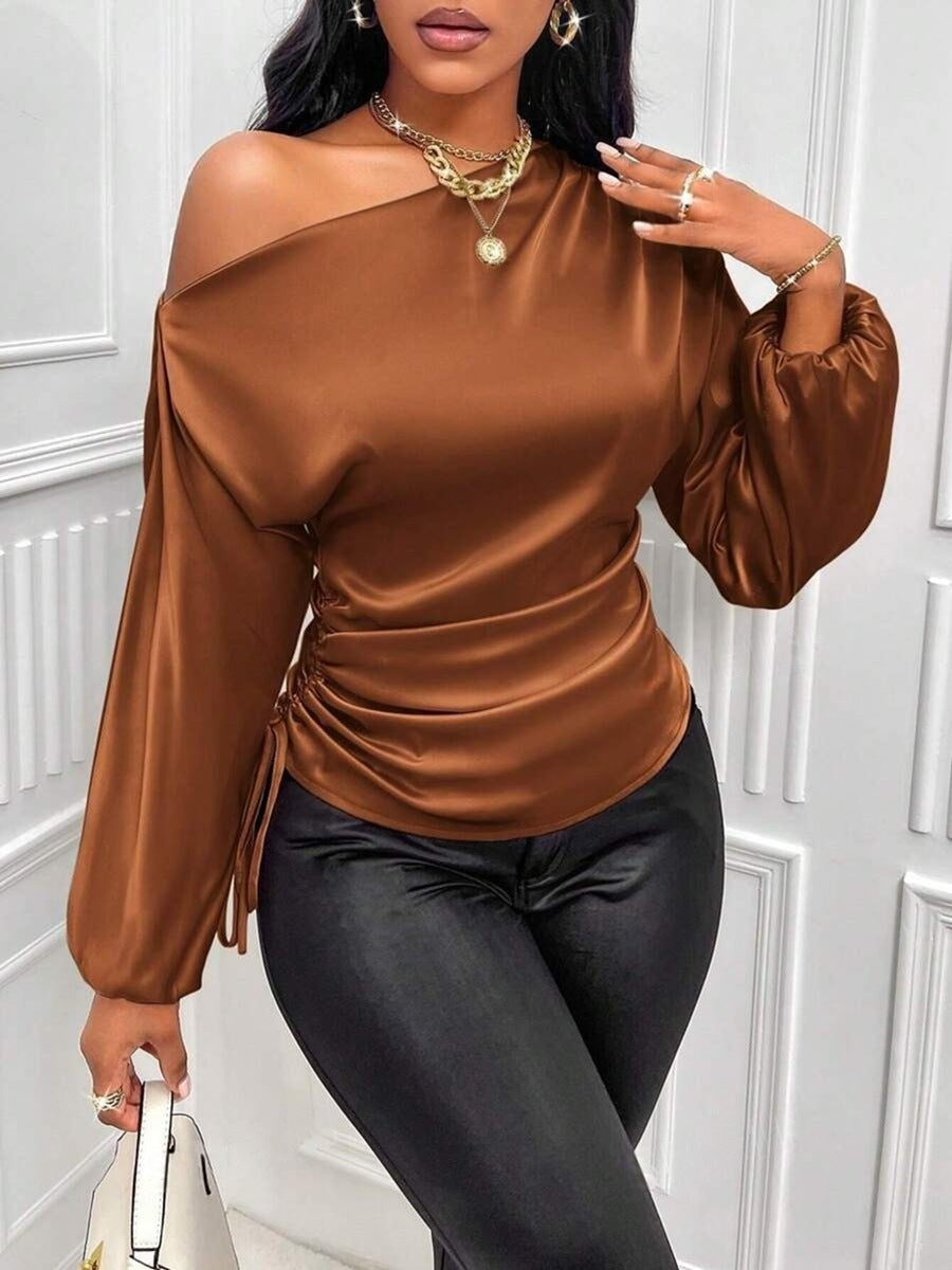 Women Clothes Satin Shirt Autumn Winter Asymmetric Long Sleeve Diagonal Collar Shirt Top Coffee