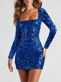 Dress Sexy Backless Long Sleeves Sequ Socialite Dress Blue